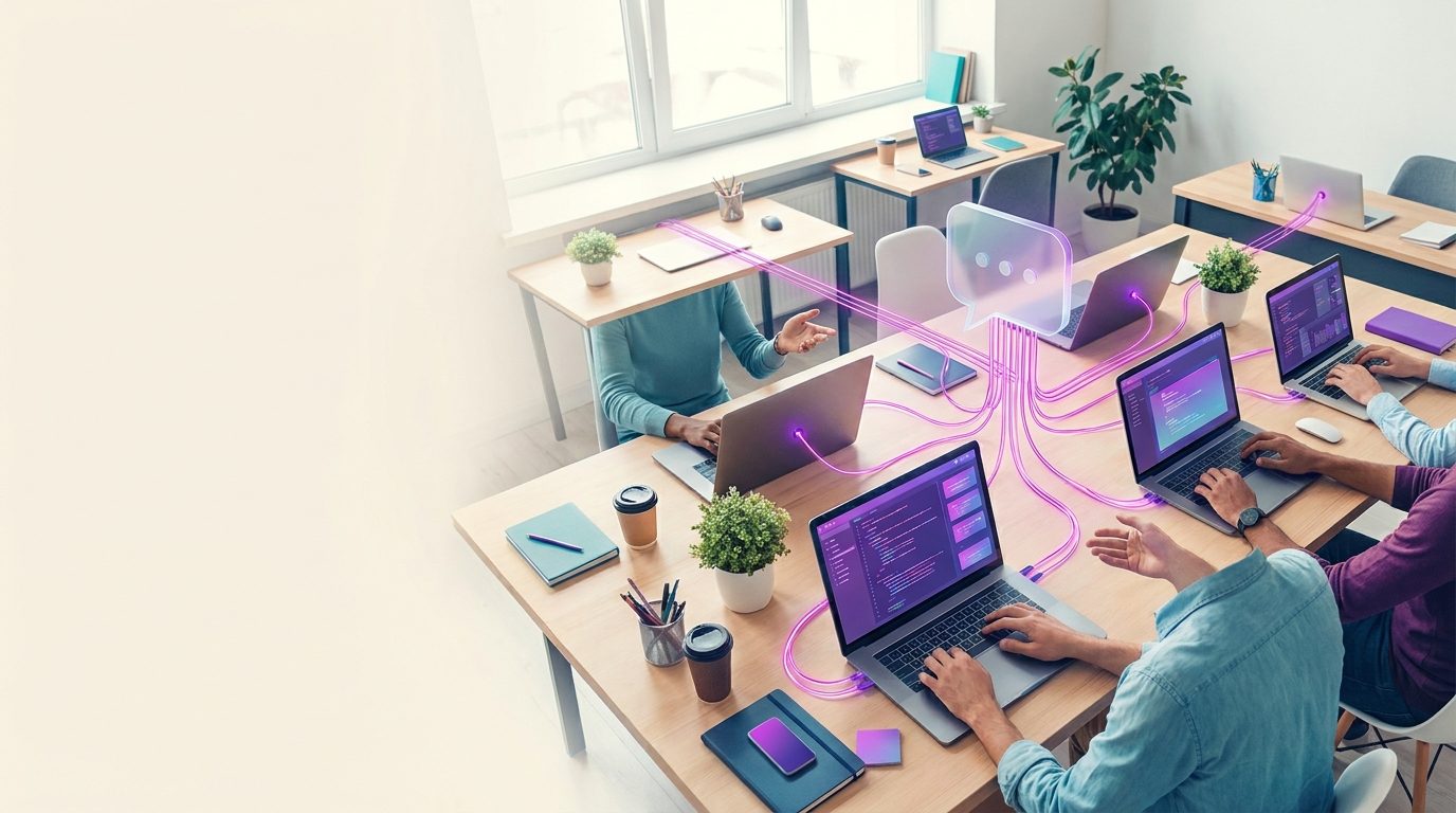 Großraumbüro mit mehreren Laptops, die über leuchtende Linien mit einem gemeinsamen Chat-Symbol verbunden sind