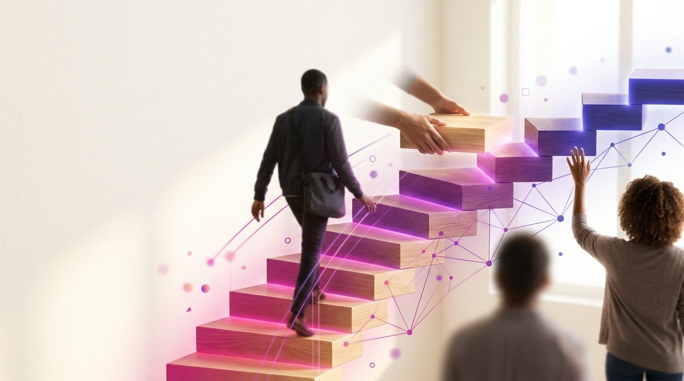 Eine Person steigt eine leuchtende Treppe hinauf, andere setzen weitere Stufen an