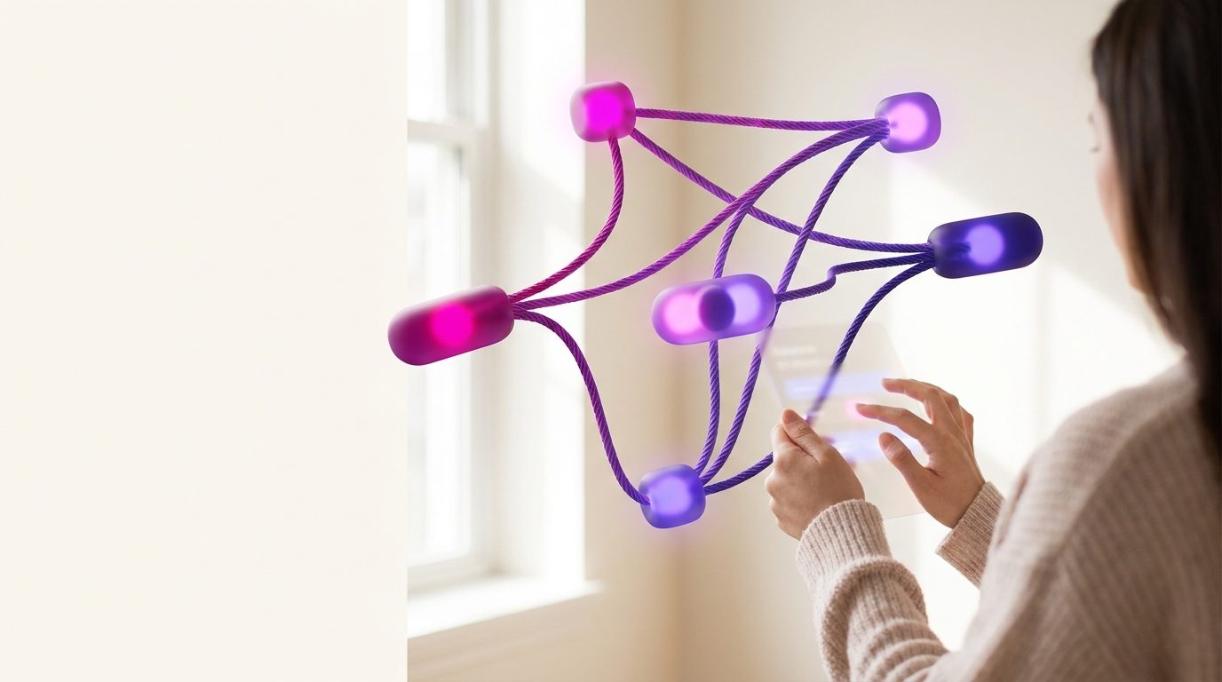 Eine Person verbindet die leuchtenden Knoten eines Workflows in der Luft