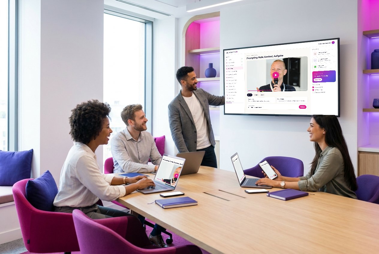 Ein Team schaut gemeinsam auf eine Lektion der AI-Champions-Lernplattform